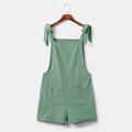 Solid Green Strappy Tie Shoulder Front Pockets Short Rompers for Mommy and Me Green
