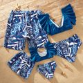Flutter-sleeve Leaf Print Family Matching Swimsuits Navy