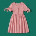 100%Polyester Pink Series Family Matching Sets(Solid Pink Dresses For Mom and Girl ; Stripe T-shirts for Dad and Boy) Pink