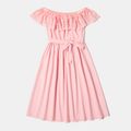 Lace Ruffle Collar Off Shoulder Sleeveless Tie Waist Solid Midi Dress for Mom and Me Pink