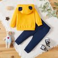 2-piece Baby Boy Bear Print Ear Decor Button Design Hoodie and Elasticized Solid Pants Set Yellow