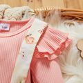 2pcs Baby Girl 95% Cotton Ribbed Long-sleeve Faux-two Floral Print Romper with Headband Set Pink image 4