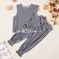 Kids Girl Striped Ruffled Tee and Strappy Pants Set Black image 1