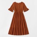 100% Cotton Solid Color Ruffle Cuff Matching Brown Midi Dresses Red