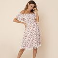 Pretty Off Shoulder Floral Print Short-sleeve Maternity Dress Cameo brown