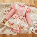 2pcs Baby Girl 95% Cotton Ribbed Long-sleeve Faux-two Floral Print Romper with Headband Set Pink image 1