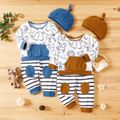 3-piece Baby Girl Animal Tree Print Long-sleeve Top, Striped Patchwork Pants and Solid Cap Set Turquoise