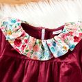 Baby Girl Floral Print Doll Collar Zipper Loose Velvet Dress Burgundy