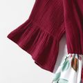 100% Cotton Floral Print Splicing Crepe Ruffle Sleeve Dresses Burgundy