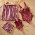 Stripe Print Family Matching Crimson Swimsuits Burgundy