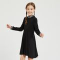 Kid Girl Letter Print Mock Neck Long-sleeve Dress Black