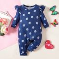 1pc Baby Girl Long-sleeve Ruffled Butterfly Floral Print Jumpsuit Dark Blue