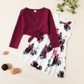 Kids Girl Solid Bowknot Top and Floral Allover Dress Set Red