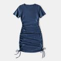 Light Green Solid Drawstring Design Cotton Short Sleeve Mini Dresses for Mommy and Me Deep Blue image 2