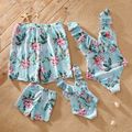 Floral Print Family Matching Swimsuits（One-piece Ruffle Decor Swimsuits for Mom and Girl;Swim Trunks for Dad and Boy） Turquoise