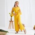 Kid Girl Flower Embroidery Lace Hollow out Bell sleeves (Multi Color Available) Jumpsuits with Belt Yellow image 2