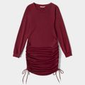 Solid Burgundy Drawstring Design Long-sleeve Matching Dresses Burgundy