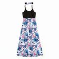Mommy and Me Plant Print Stitching Solid Tank Dresses Dark Blue