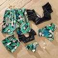 Family Look Ruffle Decor Solid Top and Floral Print Shorts Matching Swimsuits Black