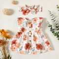 2pcs Baby Girl 100% Cotton Solid/Floral-print Sleeveless Ruffle Button Up Dress with Headband Set White image 3