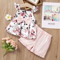 2-piece Baby/Toddler Gril Bow Rose Flutter-sleeve Sling Top and Shorts Set Pink