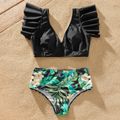 Family Look Ruffle Decor Solid Top and Floral Print Shorts Matching Swimsuits Black