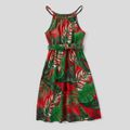 Leaf Print Family Matching Sets( Halter Neck Design Dresses for Mom and Girl ; Striped Short Sleeve T-shirts for Dad and Boy) Red