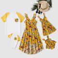 Floral Print Family Matching Sets(Ruffle Sleeveless Dresses for Mom and Girl ; Raglan Sleeve T-shirts for Dad and Boy) Orange