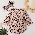 Baby Girl Bohemia Bowknot Pompon Decor Leopard Rompers with Headband Color block image 5