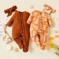 2-piece Baby Girl Ruffled Solid/Leaf Print Footed Jumpsuit Pajamas and Headband Set Brown