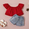 2pcs Solid and Denim Flutter-sleeve Red Baby Set Red