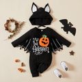 2pcs Letter Pumpkin Print Halloween Bat Design Long-sleeve Black Baby Set Black image 1