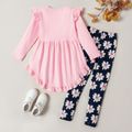 2-piece Kid Girl Bowknot Ruffled Long-sleeves Tee and Flower Allover Print  Pants Pink image 2