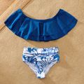 Family Look Ruffle Solid Top Leaf Print Matching Swimsuits Dark Blue