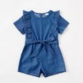 Solid Blue Ruffle Short-sleeve Shorts Romper for Mom and Me Azure