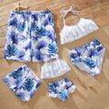 Family Look Solid Ruffle Top and Plant Print Shorts Matching Swimsuits White