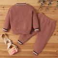 100% Cotton 2pcs Solid Stripe Decor Knitted Long-sleeve Baby Set Apricot image 2