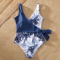 Family Look Coconut Tree Print Matching Swimsuits Deep Blue
