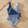 Blue Stripe Print Family Matching Swimsuits Dark Blue/white