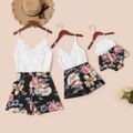 Lace Stitching Floral Print Matching Sling Shorts Rompers Color block