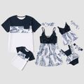 Solid Stitching Leaves Print Family Matching Tops Dark Blue