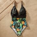 Fruit Pineapple Plants Series One-piece Family Matching Swimsuits(Sling Black Deep V-neck Splice Swimsuits for Mom; O Neck Swimsuits for Girl） Black