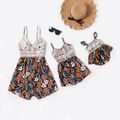 Lace Stitching Floral Print Matching Shorts Rompers Multi-color