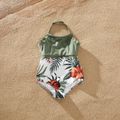 Family Look Solid Stitching Floral Print One-piece Matching Swimsuits Army green