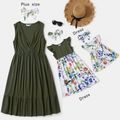 Solid Color and Floral Print Matching Midi Tank Dresses Army green