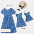 Solid Color Matching Blue Midi Dresses Blue