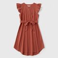 100% Cotton Solid Ruffle Sleeves Dresses for Mommy and Me Red