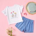Beautiful Kid Girl Ruffle-sleeve Floral Print Denim Shorts Suits White image 1