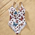 Butterfly Animal Print Family Matching Swimsuits(One-piece Cross Back Swimsuits for Mom and Girl ; Swim Trunks for Dad and Boy) White