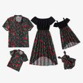 Floral Print Black Family Matching Sets(Off Shoulder Irregular Hem Dresses for Mom and Girl ; Button Front Shirts for Dad and Boy) Black